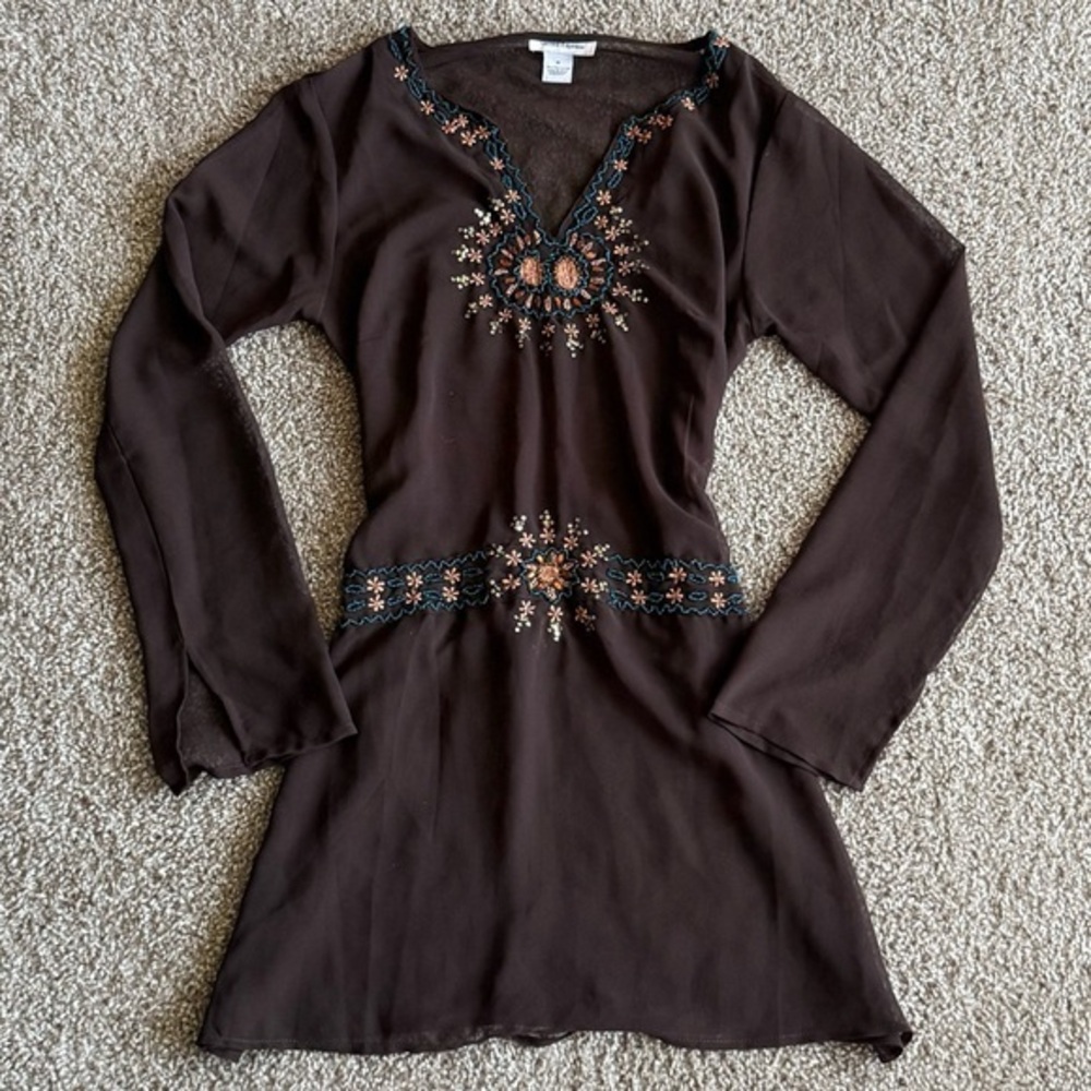 Cotton Express Y2K Sheer Embroidered Tunic Boho Fairycore Cottage Witch Top Sz M